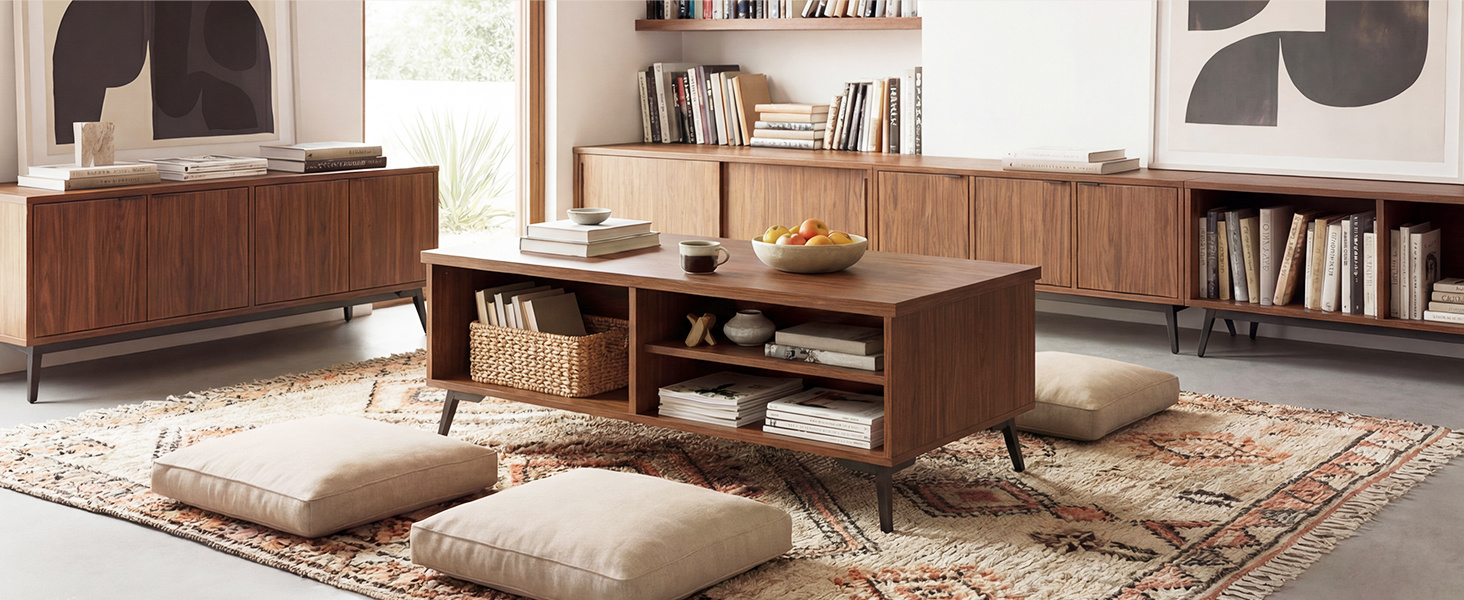 2-Tier Mid Century Modern Coffee Table with Storage Shelves Compartments
