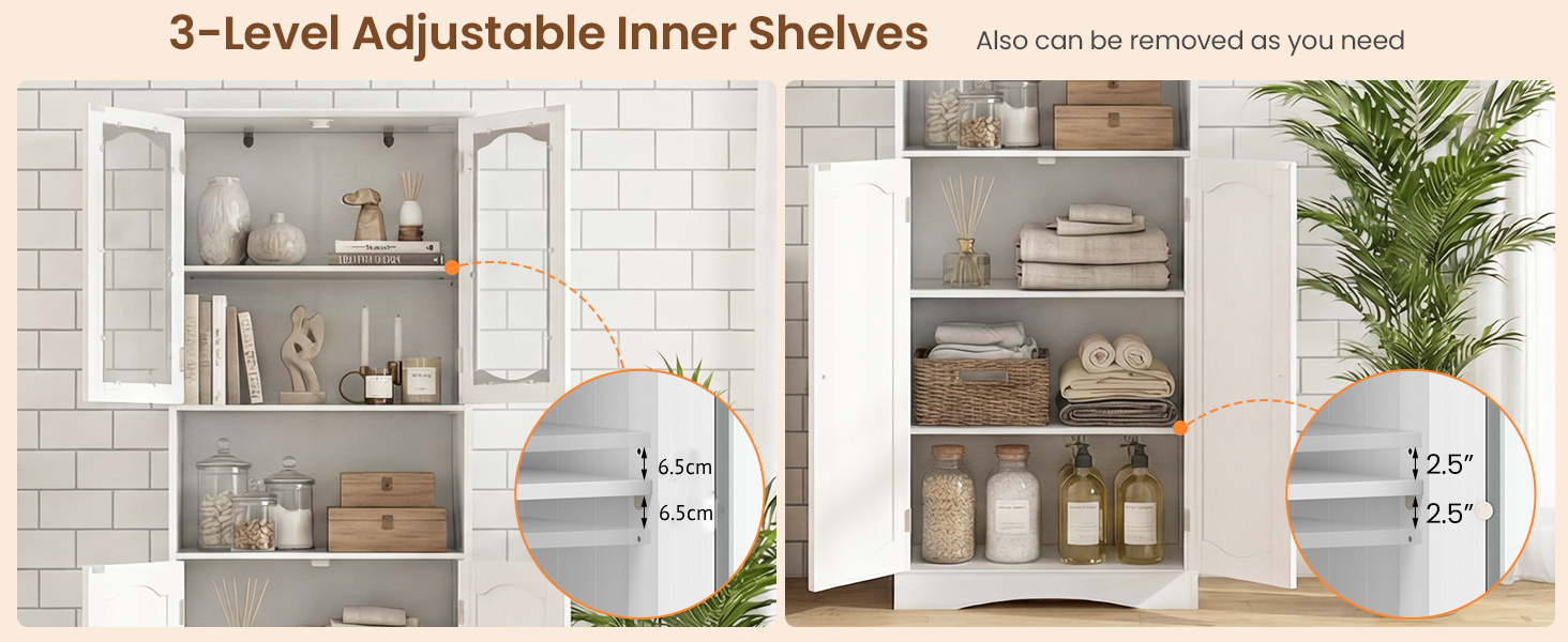  Tempered Glass Door Pantry Cabinet with 3-Position Adjustable Shelves