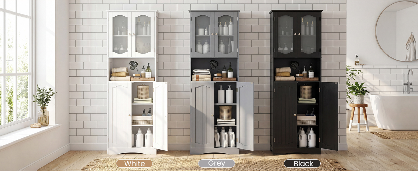  Tempered Glass Door Pantry Cabinet with 3-Position Adjustable Shelves